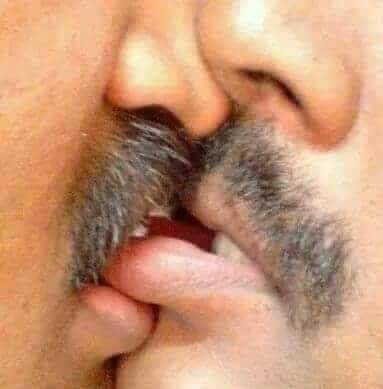 Hai đôi môi đầy râu của hai người đàn ông hôn cắn môi nhau