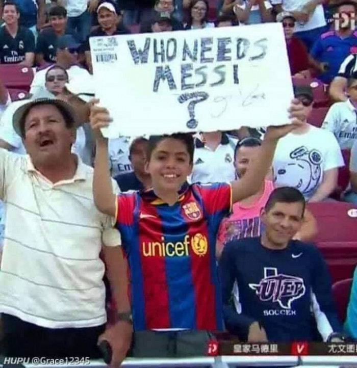 Cậu bé fan Barca cầm biển: Who need Messi?