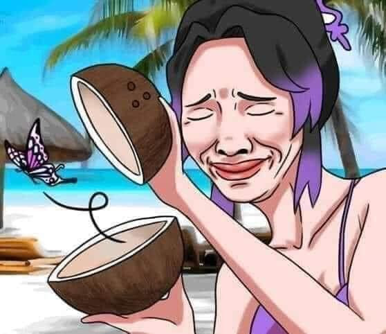 Cô gái tóc tím mặt xấu mở quả dừa thả bướm bay ra